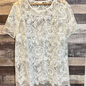 Adiva Women's White Lace Sheer Balletcore Blouse Size 1X Short Sleeve